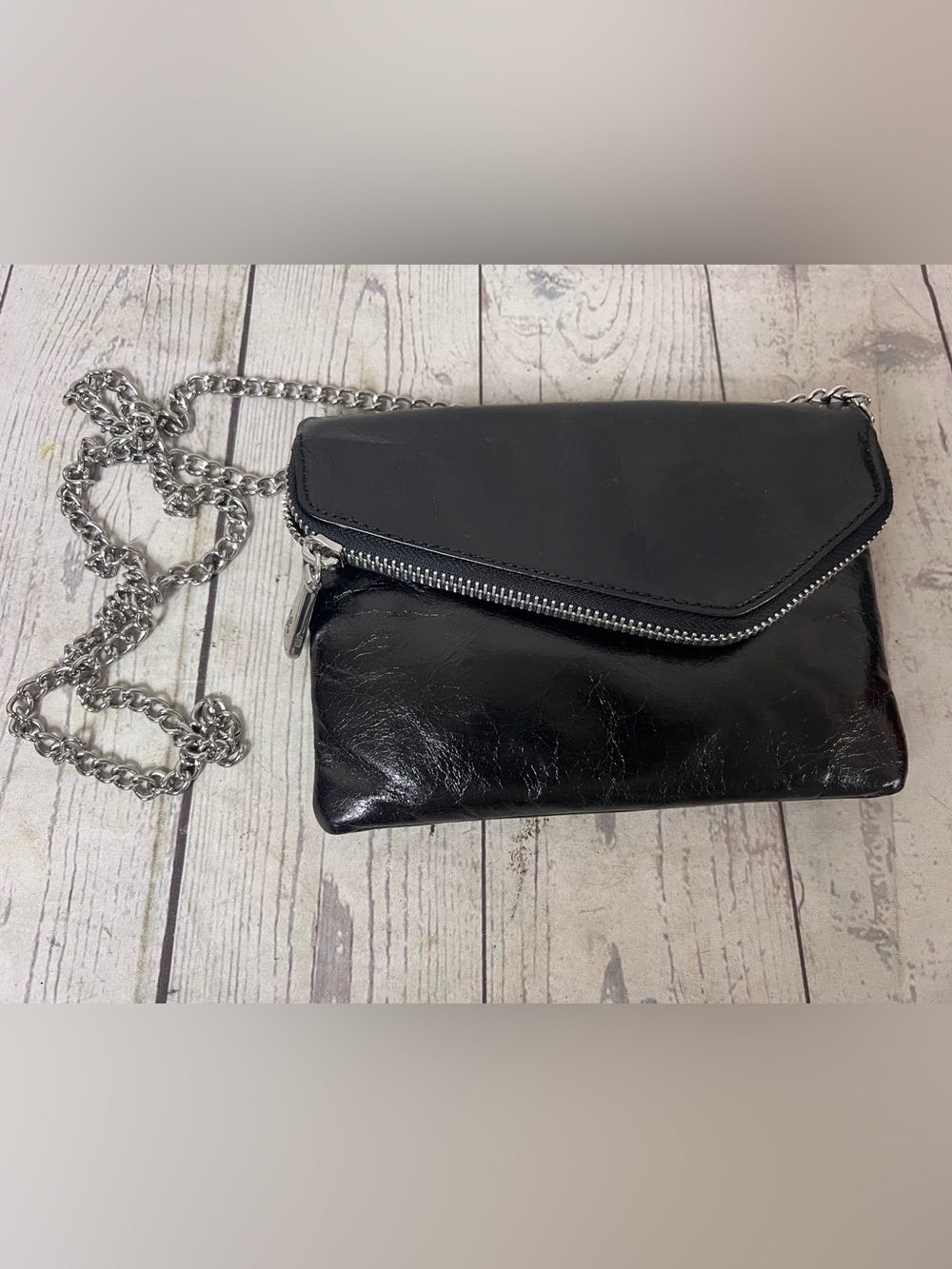 HOBO Daria Black Glazed Leather Convertible Clutch Chain Crossbody Bag Purse